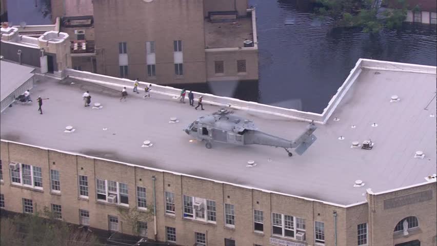 Flood Water Buildings Rescue Helicopter Rooftop. People Walking Through ...
