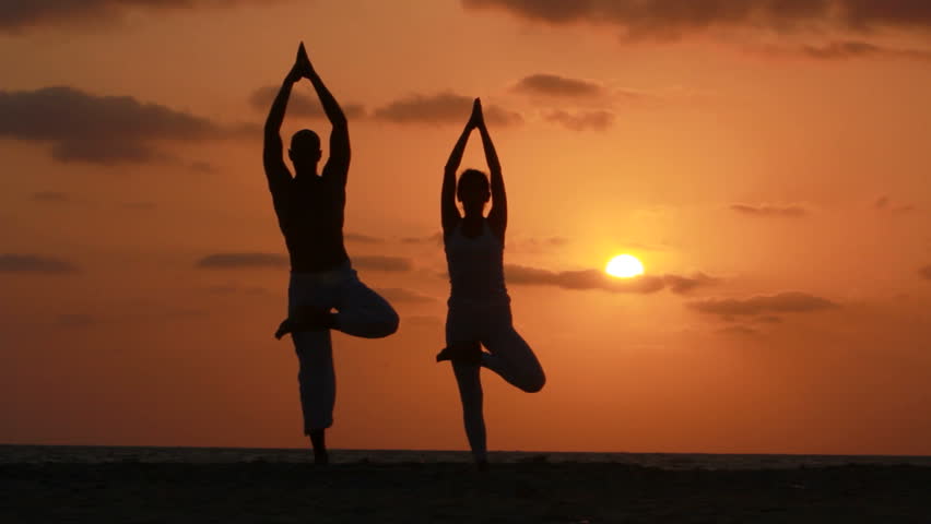 Stock Video Of Silhouette Of A Beautiful Yoga Couple 6446327