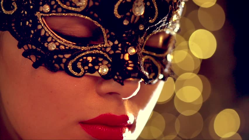Macro Closeup Of Sexy Woman Wearing Masquerade Mask At 
