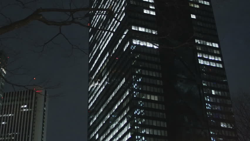 Exterior Of Office With Lit Windows At Night 4k Black Skyscraper Office ...